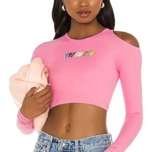 Fiorucci Shirt Women’s Size S Pink Long Sleeve Cut Shoulder Crop Top